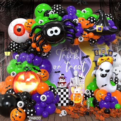 Halloween Balloon Arch Kit 137Pcs Orange Black Green Purple Balloon Garland with 3D Bat Stickers Pumpkin Witch Hat Spider Ghost Eyeball Foil Balloons for Halloween Spooky Birthday Party Decorations