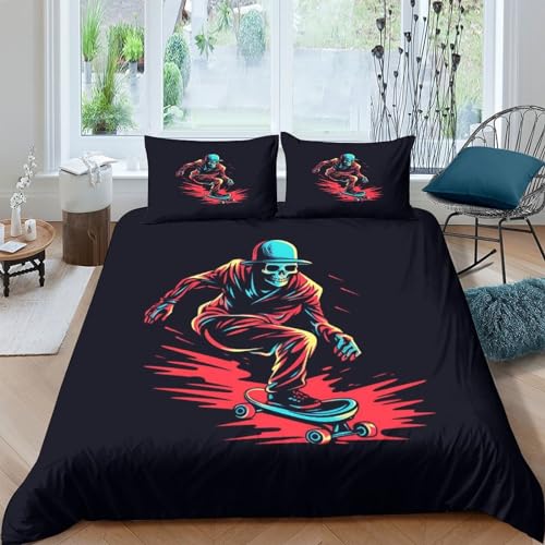 Parure de lit 3 pièces crâne et skateboard housse de couette double 200x200 - 2
