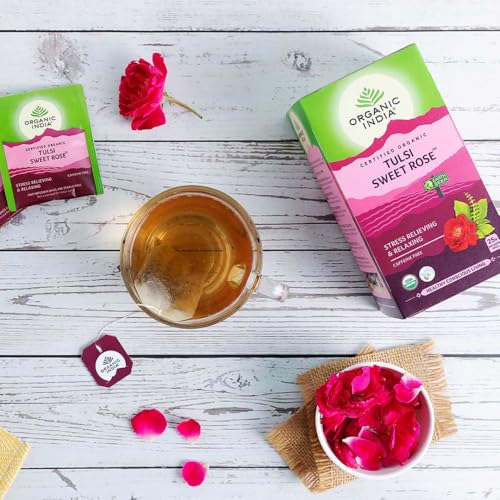 Image of A TATA Product - Organic India Tulsi Sweet Rose - 25 Tea Bags, Stress Relieving, Supports Radiant Skin, Rich in Antioxidants, Made with Tulsi, Chamomile, and Rose Certified Organic (Pack of 2)