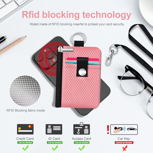 Image of Minimalist RFID Blocking Small Wallet with ID Window,WaterResistant Zip Id Case Wallet with Lanyard Keychain for Cards,Cash,Travel,Women,Men (Pink)
