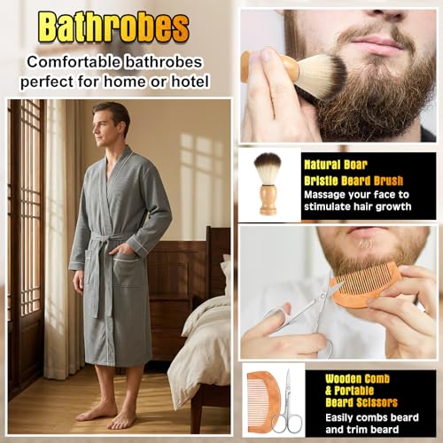 Image of Shyyween 10 Pcs Birthday Gifts Baskets for Men Father Gift Get Well Soon Gifts Beard Care Set Graduation Gift for Him with Bathrobe, Wallet, Beard Comb & Brush Set for Dad Boyfriend Husband(Gray)