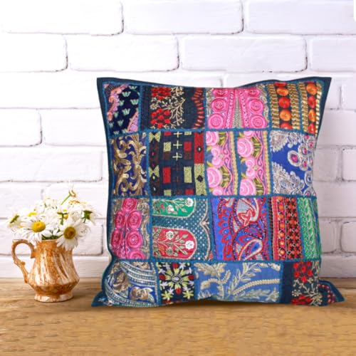 Hastvikas Decorative Patchwork Appliqué Accent Cotton Cushion Covers Handmade in Barmer, Rajasthan, India | Kambhari Ethnic Design That Adding Colour to Your Home | 16x16 in (Blue)