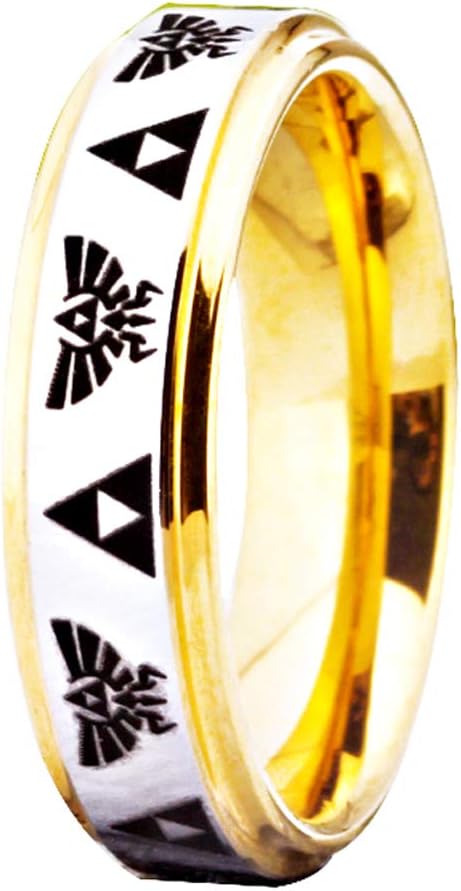 Crest and Triforce Ring Game-Themed Laser Pattern Ring 6mm Silver Surface and Golden Step Tungsten Carbide Wedding Bands Ring - FREE Custom Engraving