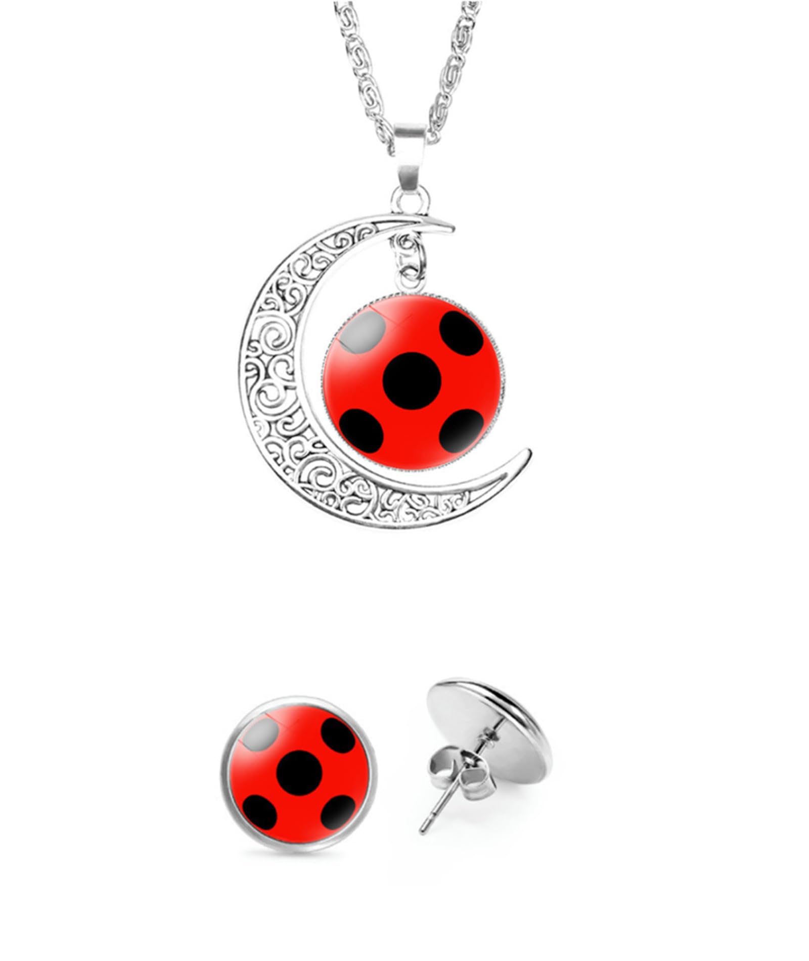 2 Piece Moon Necklace for Women, Red Ladybug Necklace Earring Set, Insect Inspired Jewelry, Gift for Ladybug Lovers, Halloween Costume Accessory-image-4