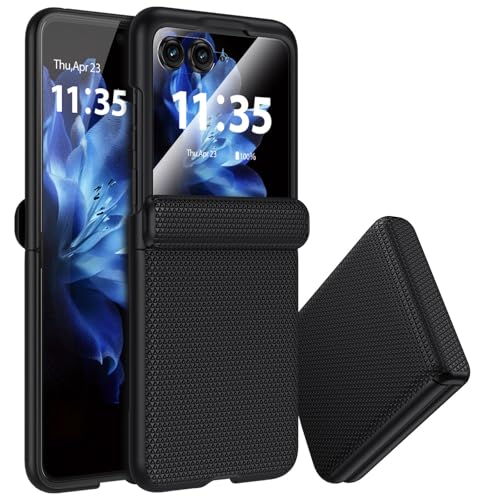 spoovcto for Motorola Razr 2026/2025/2024 Case: Non-Slip Grip 3D Texture & Hinge Protection, 9H Screen Protector, Rugged Shockproof Anti-Scratch Phone Cover for Moto Razr 2026 2025 Black