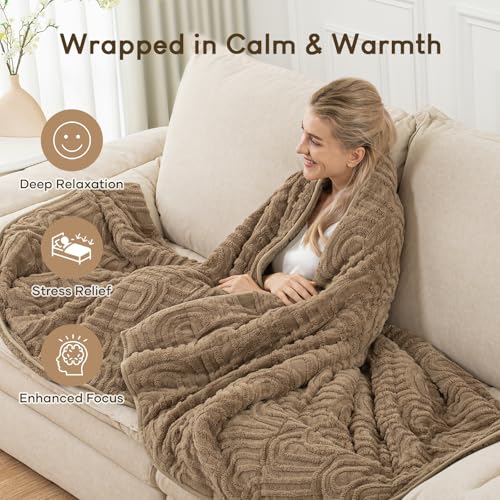 Image of Cottonblue Jacquard Weighted Blanket for Adults 15 lbs Twin Size, Cozy Fluffy Sherpa Fleece Weighted Throw Blankets 60 inch x 80 inch for Sleep Relax, Fuzzy Warm Arch Heavy Blanket Soft for Bed Couch, Khaki