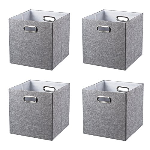 BAIST Fabric Storage Cubes,Fancy Big Collapsible Colored Linen Bed Drawer Storage Baskets Bins Organizers for playroom Books Toys-Set of 4,Gray …