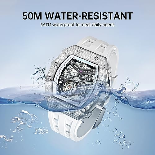 Image of TSAR BOMBA Men's Automatic Watch Tonneau Luxury Skeleton Watches for Men Mechanical 50M Waterproof Analogue Watches Mens Unique Cool Square Big Face Dial Wristwatch with Silicone Strap Band