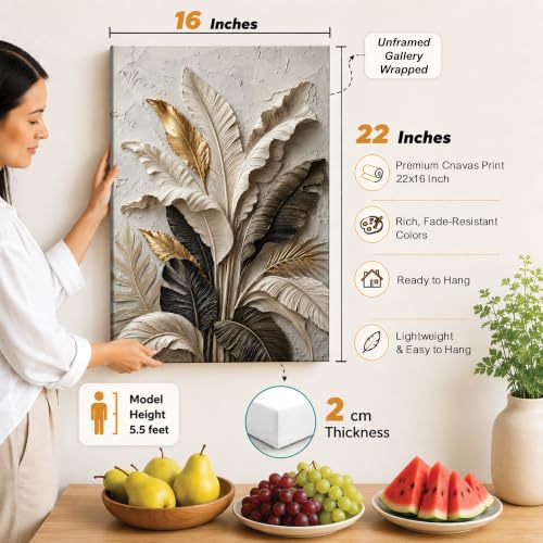 Image of PAINTINGMANTRA Textured Embossed Leaf Floral Canvas Wall Art Painting for wall decoration, Neutral & Gold Tropical Leaf Motifs Flower Stretched Canvas Painting for living room, bedroom, Office, 16x22 Inch