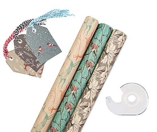K-Kraft Elegant Christmas Wrapping Paper (Snow Birds-Deer-Ice Flowers/Printed Brown Kraft) 30" X15 Feet, 112.5 Square Feet Total With Tape And Tags #TOP7