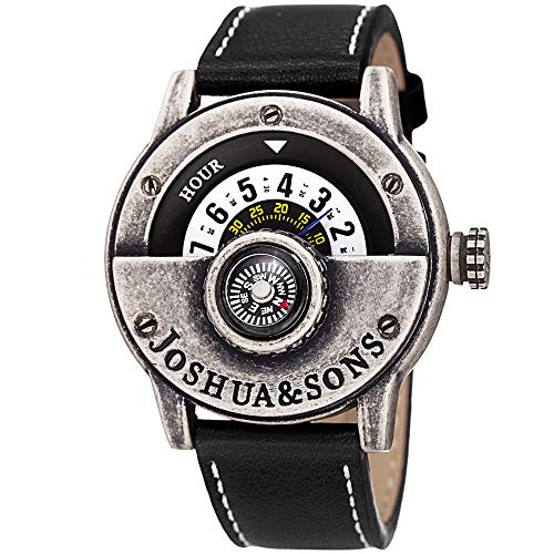 Joshua & Sons Heavy Duty Rugged Menâ€™s Watch â€“ Double Stitched Black Leather Band, Explorer Style with Built in Compass â€“ Unique Rotating Wheel Display â€“ JX116SSB