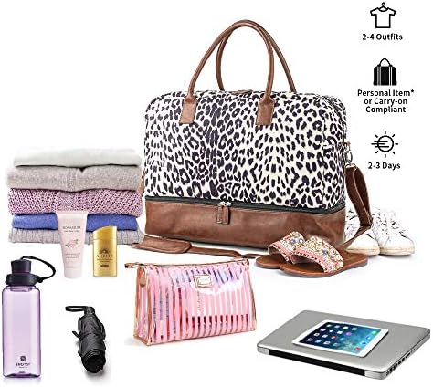 Women Canvas Travel Weekender Overnight Carry-on Duffel Bag with Shoe Compartment(Leopard) 3 Women Canvas Travel Weekender Overnight Carry-on Duffel Bag with Shoe Compartment(Leopard)