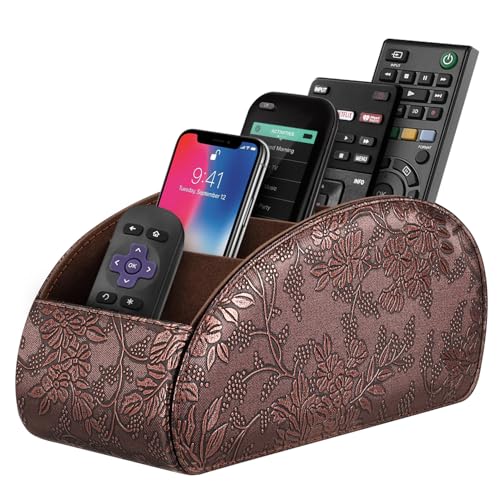 Image of SITHON Remote Control Holder with 5 Compartments - [Upgrade Version] PU Leather Remote Caddy Desktop Organizer Store TV, DVD, Blu-Ray, Media Player, Smart Phones, Heater Controllers, Antique, Large