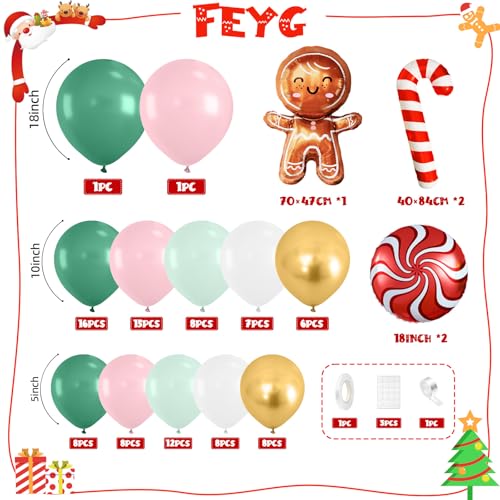 Christmas Balloon Garland Kit, Gingerbread Man Balloon Arch with Dusty Green Pink White Latex Balloons Candy Cane Foil balloons for Christmas Party Decorations New Year Xmas Party Supplies by FEYG - Used condition - Image 2