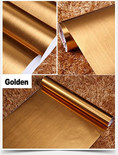 F&U Brushed Metal Look Wall Paper Film Vinyl Self Adhesive Backing Waterproof Metallic Gloss Shelf Liner Peel And Stick Wall Decal For Covering Counter Top Kitchen Cabinet (24 X 78.7 Inch, Gold) #TOP1
