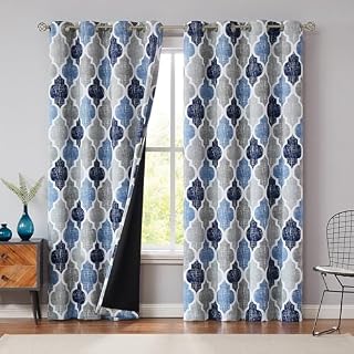 Beauoop 95% Blackout Window Curtain Panels Moroccan Geo Print Room Darkening Thermal Insulated Energy Efficient Drapes Quatrefoil Grommet Top Window Treatment Set, 50 by 90 Inch, Blue/Grey (2 Panels)