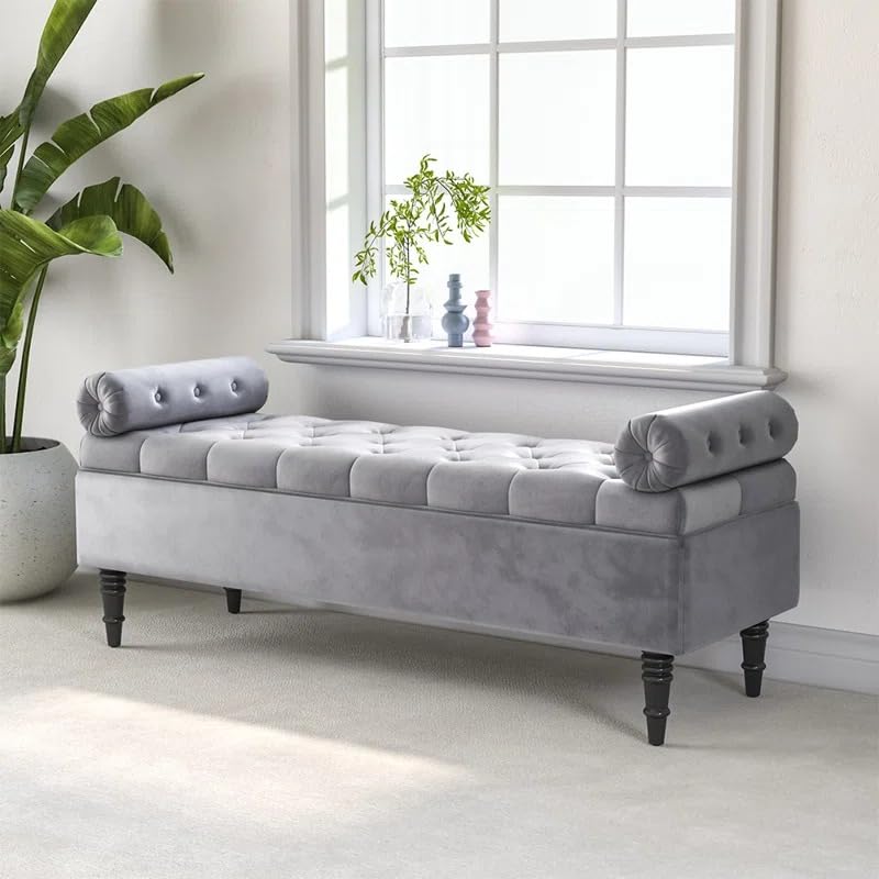 Image of LEGACY OF COMFORT Ethelsville Bolester with Storage Velvet Upholstered Storage Bench Sofa Bench Sofa couches Window Bench Ottoman Bench Chaise Lounger Pouffe for Living Room Bedroom Office (Grey)