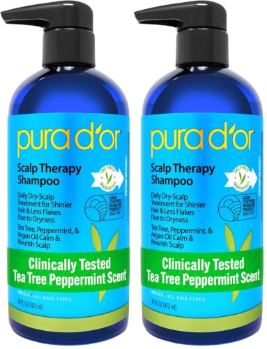 Image of PURA D'OR Scalp Therapy Shampoo Hydrates & Nourishes Scalp Care Shampoo For Itchy Flaky-Scalp Tea Tree,Peppermint,Patchouli,Cedarwood,Clary Sage,Argan Oil 16oz(Packaging may vary)(00602)(Pack of 2)
