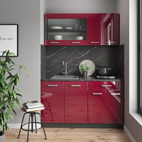 Vicco Cocina para Solteros R-Line, Rojo de Alto Brillo, 140 cm sin encimera - imagen 2