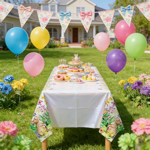 Image of OQOQ Easter Bunny Tablecloth (2 Packs) - 108x54 inches Easter Party Decorations Disposable Plastic Rabbit Table Cloths for Kids Birthday Party Spring Picnic Holiday Table Decor
