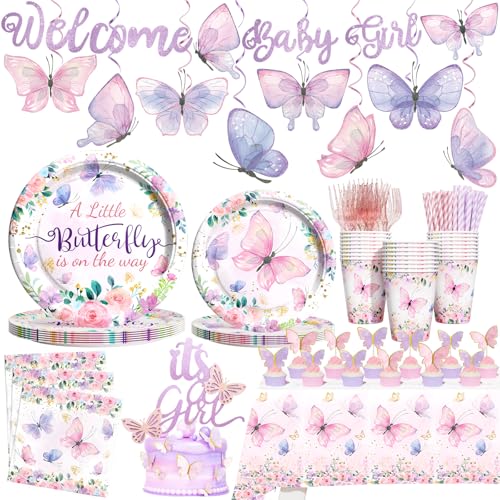 Party Inspo Butterfly Baby Shower Party Supplies for Girl 169 Pcs A Little Butterfly Is on Her Way Baby Shower Decoration Includes Plates Banner Napkins Cake Topper Tablecloths Hanging Swirls