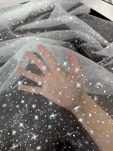 Star Print Organza Fabric - Lightweight - Shimmer Fabric - Machine Washable - Sheer Fabric by The Yard - Ideal for Gowns, Veils, Evening Wear - 3 oz per Linear Yard - 58 Inches Wide - 1 Yard (Silver)
