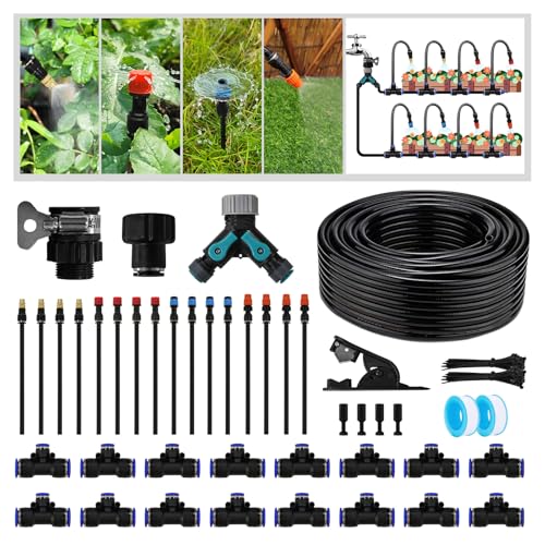 Drip Irrigation Kit - 100 FT. Hose Sprinkler System with 360° nozzles and T-connectors for Gardens, lawns, Plants, Flower beds, Trees, patios and hydroponics (16 360° nozzles + 16 T-connectors)