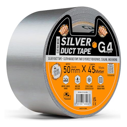 G4GADGET Silver Duct Tape 50mm x 45m Heavy Duty | Weather Resistant Gaffa Tape | Extra Strong Adhesive Multi-Purpose Repair Tape | Industrial Grade for Sealing Wrapping Plumbing and Outdoor Repairs