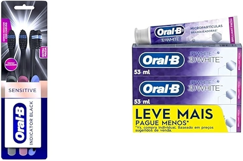 Escova de Dente Oral-B Indicador Black Charcoal 3 Unidades + Creme Dental Clareador Oral-B 3D White Brilliant Fresh 70g - 3 Unidades