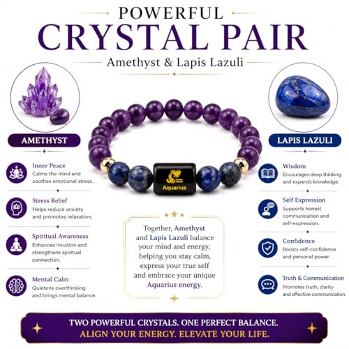 Image of Aquarius Zodiac Bracelet (कुंभ राशि) | Certified Healing Crystal for Calm, Clarity & Emotional Balance | Original Amethyst & Lapis Lazuli | Bracelet for Man & Woman | Gift for Man & Woman