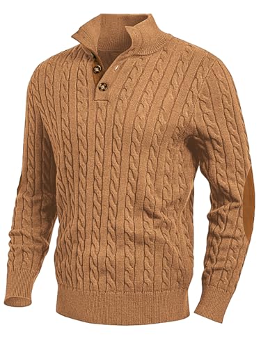 Image of JMIERR Men's Cable Knit Pullover Sweater Casual Long Sleeve Stand Collar Button Knitted Sweaters
