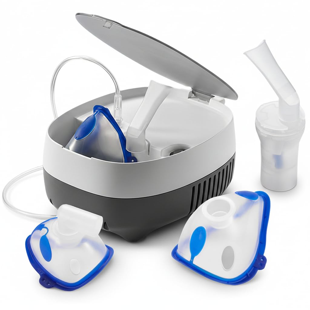 Home Nebulizer Machine for Adults and Kids - Low Noise Compressor Breathing Treatment for Asthma with Storage Compartment, Includes Adult & Child Masks, Mouthpiece, Tubing