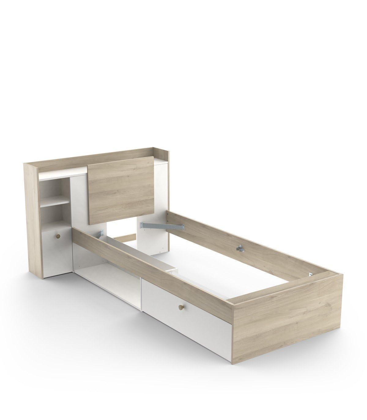 Demeyere Letto Componibile 90 x 190/200 con Contenitore 1 Anta 3 Nicchie 1 Cassetto, Bianco Opaco e Rovere Chiaro, 124.5 x 226.9 x 90.5 cm