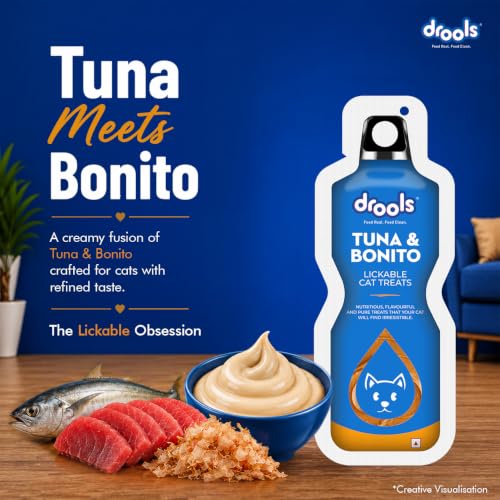 Image of Drools All Life Stages Creamy Lickable Cat Treat (30g x 15) Total 450g Pack of 15 | Tuna & Bonito Flavour | Easy to Hand Feed | Easier Acceptance