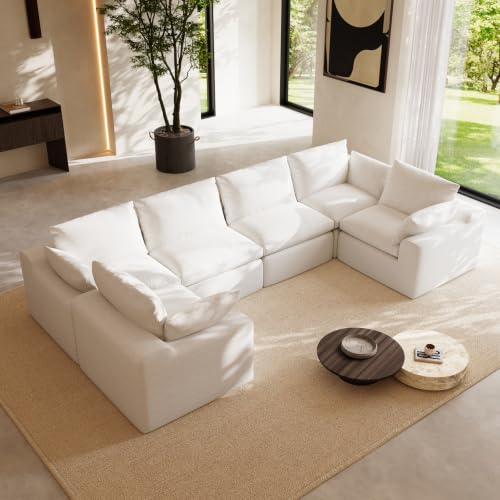 Image of Novilla 133.8 inch Modular Cloud Couch, Modern Sectional Sofa with Smarts Coil Support, Chenille Fabric, Upholstered Couch for Living Room Apartments Bedroom, No Assembly, 6 Seater, White