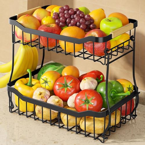 Sakugi Fruit Basket for Kitchen Counter - 2 Tier Detachable Fruit Vegetable Basket with Banana Hanger, Metal Countertop Fruit Stand with Wooden Handle, Black, 8.5' D x 12.4' W x 12.3' H