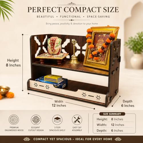 Image of Zesta Wooden Mandir for Home Big Size | DIY Pooja Mandir with LED Spot Light | Devghar Cabinet for Living Room or Office | Wall Mounted Pooja Unit for Home (Double Step)