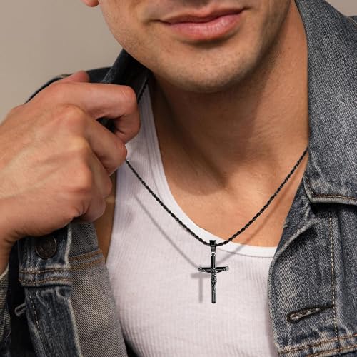 ALEXCRAFT Black Stainless Steel Cross Necklace for Men Cross Necklaces for Women Trendy Stainless Steel Crucifix Pendant with 3mm 21inch Rope Chain3