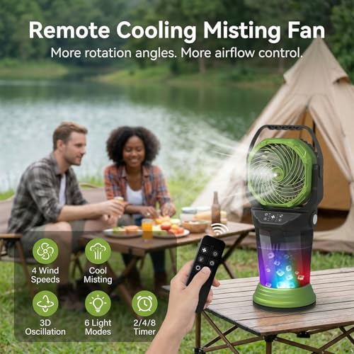Portable Misting Fan with Remote, 2L Water Tank & 2 Spray Modes, 30000mAh Rechargeable Outdoor Cooling Fan, 4 Wind Speeds, 3 Timers, 120° Oscillation, RGB Lights & Flashlight for Camping Beach Patio by DIZOAOX - Used condition - US$69.17