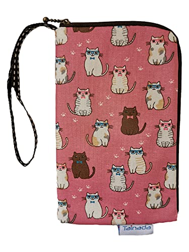 Image of Taianda Women Phone Wristlet Wallet Pouch, Dual Slots (Cats Pattern Pink) | Lightweight water-repellent purse with padded shockproof cushion; Zippered pocket fits smartphones & cards; Daily essentials