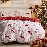 CAROMIO Christmas Duvet Cover Queen, Reversible Printed Comforter Cover Set Christmas Holiday Decorative Bedding, Soft Microfiber Red Duvet + 2 Pillow Shams (Reindeer and Snowflake, Queen)