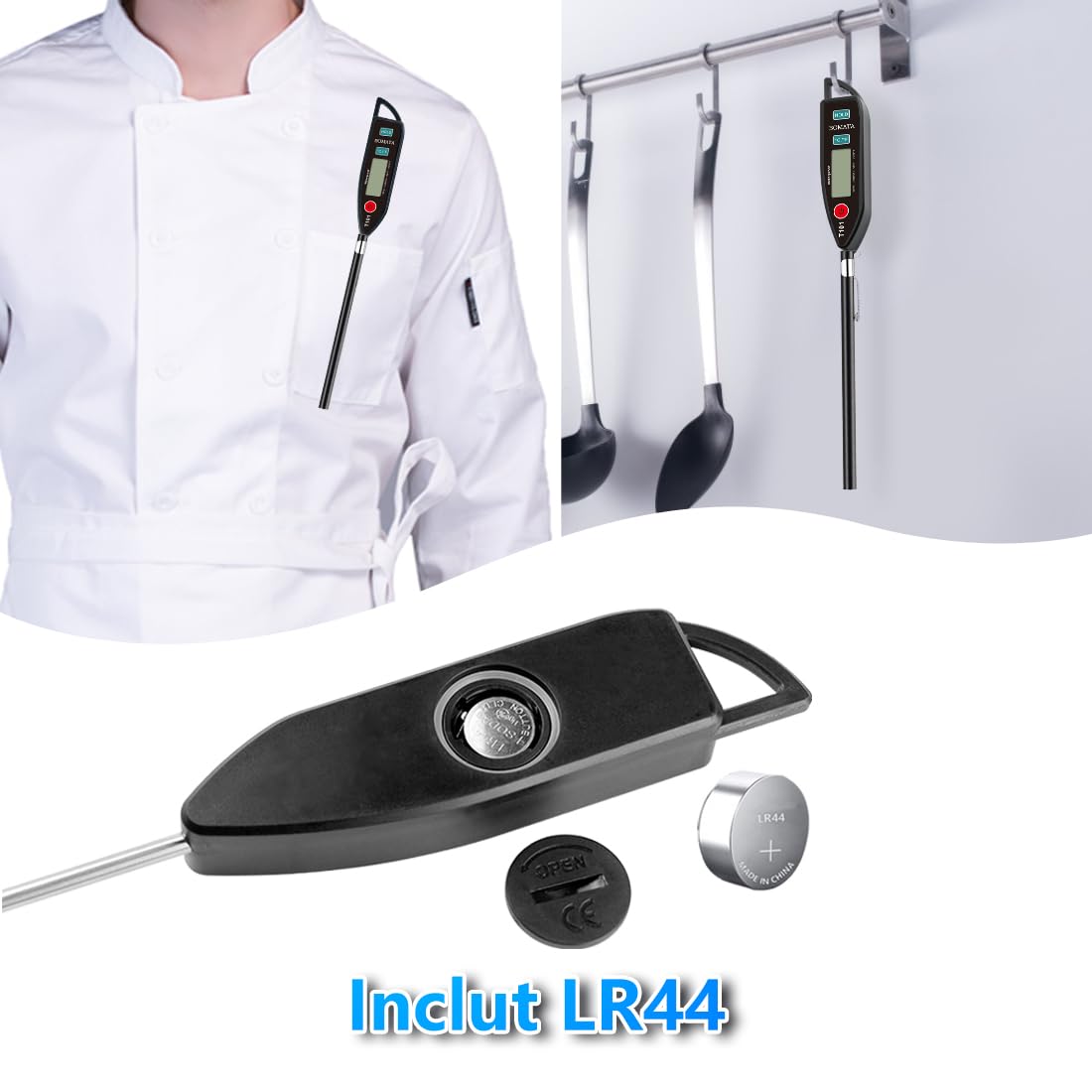 BOMATA Thermomètre étanche IPX7 T101 Noir, sonde longue lecture instantanée