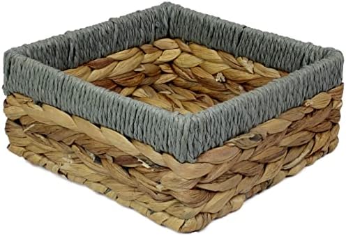 Square Water Hyacinth Small baskets for storage Natural and Grey wicker basket shelves open Decorative gift box Small bathroom mini tray makeup bathroom Kitchen organiser (Large 22cm, 2 x Basket)