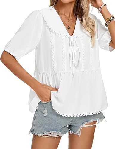 Kate Kasin Camicetta da donna con colletto con risvolto con scollo a V pullover top maniche mezza lunghezza polsini elastici casual vestibilità ampia, bianco, M