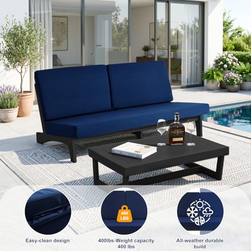 Image of Pia Ricoo 1-Piece Patio Furniture Set, Outdoor Wood Sofa with 4.5-Inch Thick Cushions, All-Weather Conversation Set for Backyard, Deck, Lawn - Navy /Drak