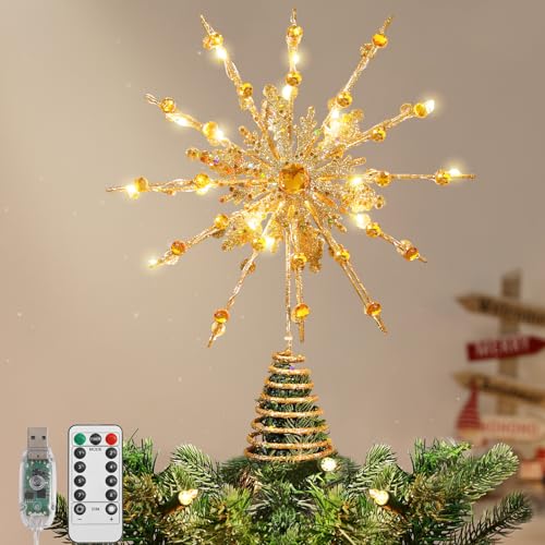 Lewondr Remate para Árbol De Navidad, 12,2 20LED Remate Estrella Navideña De Metal, Brillante De 12 Puntas con USB para Decoraciones Navideñas, Control Remoto, Temporizador 6H, 8 Modos De Luz, Oro