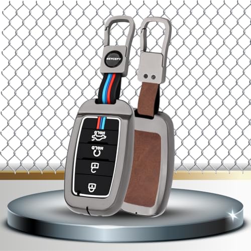 Image of KEYCEPT Metal Key Cover Compatible for Kia Seltos | Sonet | Carens 4 Button Smart Key with Keychain (Dual Black & Tan).