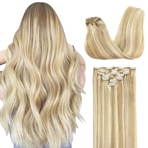 GOO GOO Clip in Hair Extensions Real Human Hair Remy Human Hair Extensions Clip ins for Women Natural Human Hair 18inch 120g 7Pcs 18A/613A Dark Blonde Highlighted Bleach Blonde