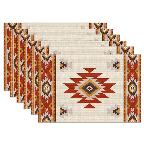 Southwestern Placemats Set of 6, Rusty Red Tribal Geometric Linen Place Mat Washable Stain Resistant Table Mats for Farmhouse Kitchen Dining Decor 12x18 Inch