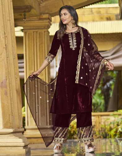 Image of SKYLEE Velvet Embroidery Straight Kurta Set with Dupatta